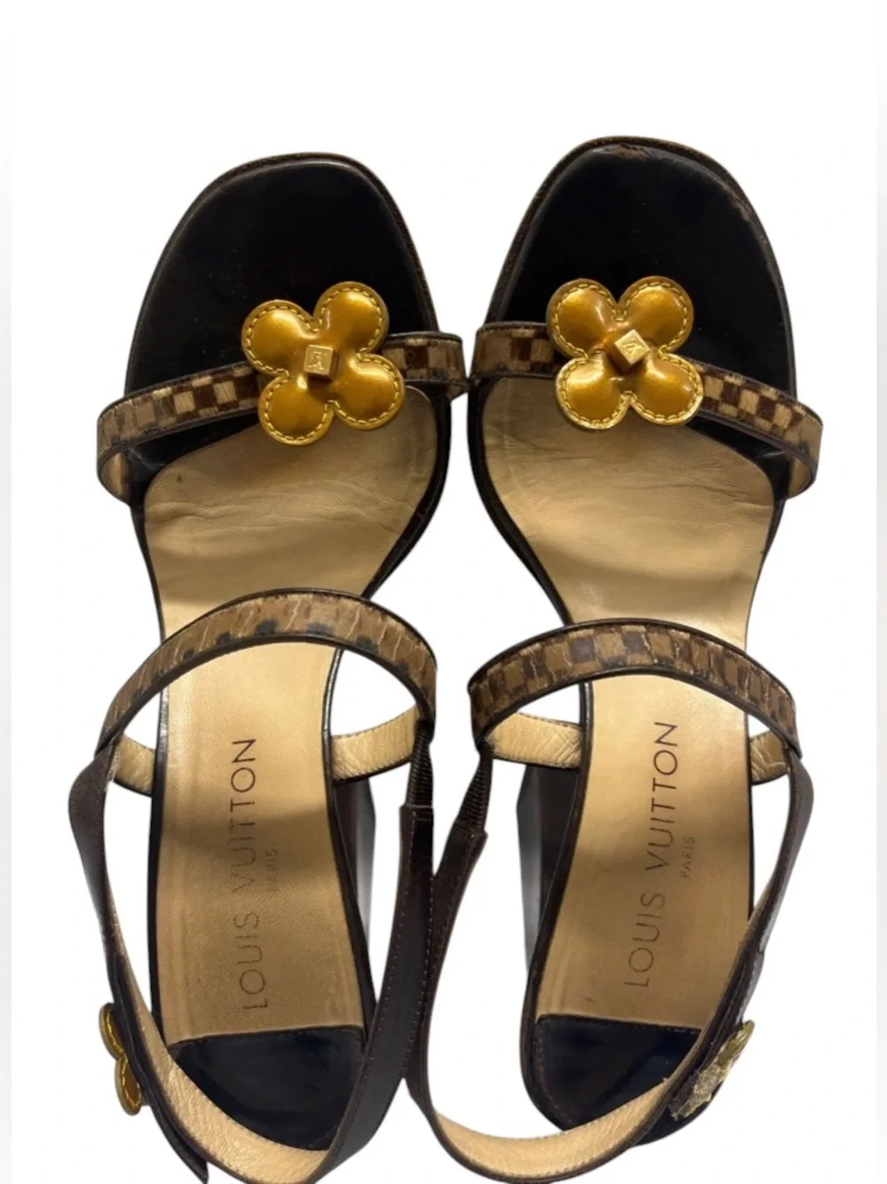 Louis Vuitton Brown Damier Calf Hair Leather Floral Embellished Slingback Heels